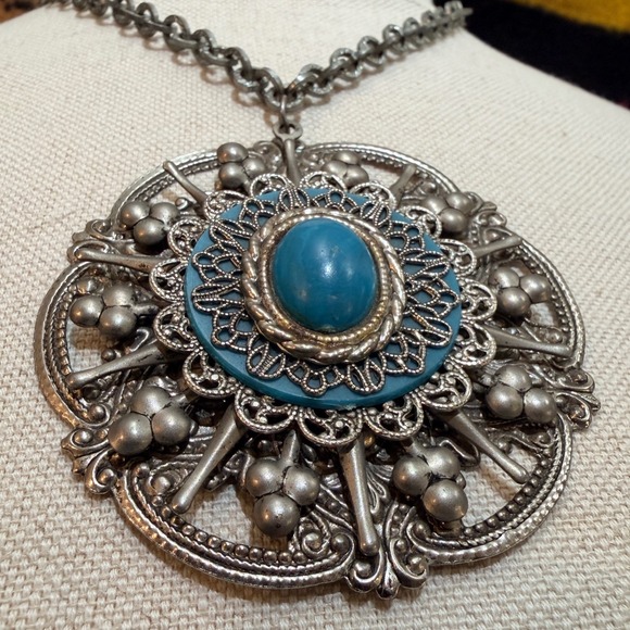 Jewelry - Vintage Ornate Silver Tone Turquoise Medallion Statement Pendant Necklace